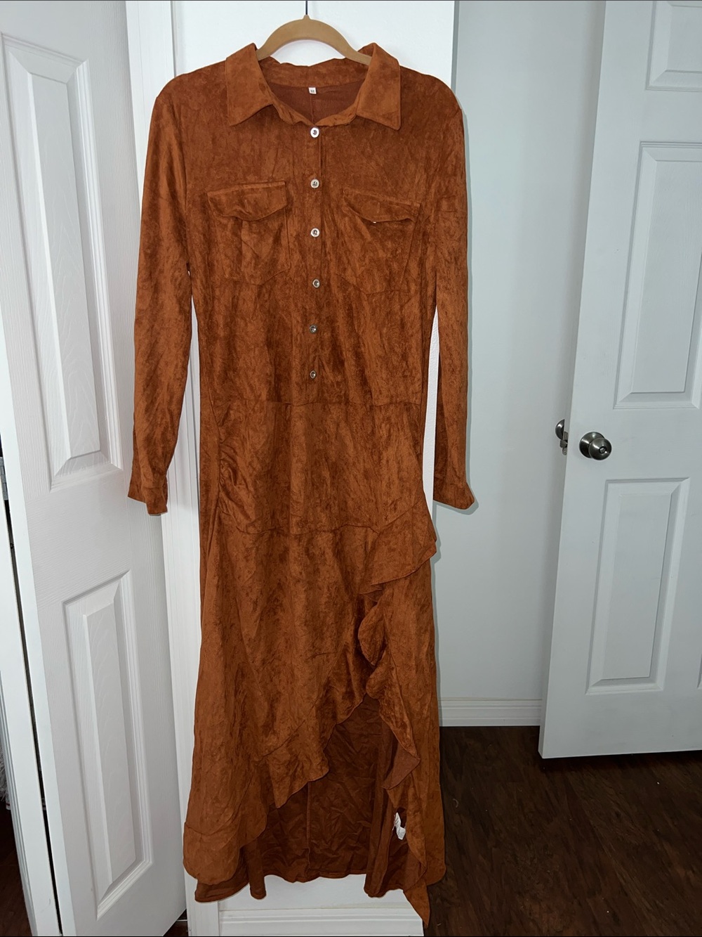 Womens Rust Brown Long Sleeve Button Front Maxi Dress